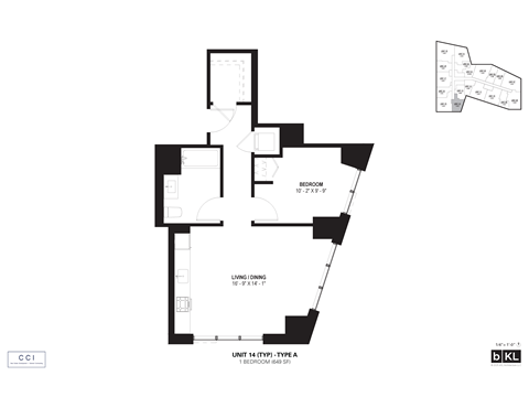 Floor plan for 1 bed, 1 bath, 649 sqft